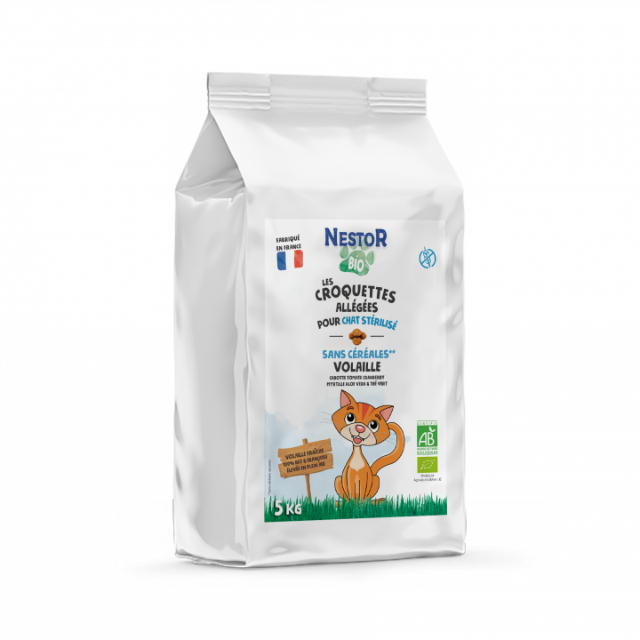 CROQUETTES BIO ALLÉGÉES - SANS CÉRÉALES POUR CHAT STÉRILISÉ - SANS GLUTEN - 5 Kg