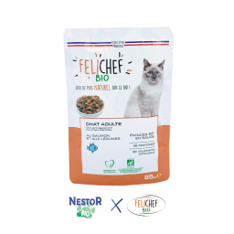 Sachet d'émincés bio pour chat saveur saumon, les logos des marques Nestor Bio et Félichef Bio sont en bas de l'image.